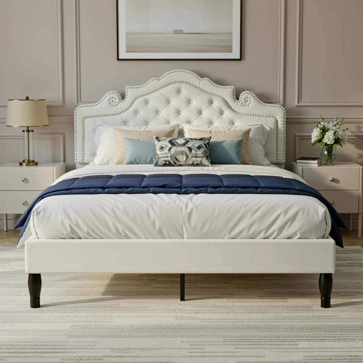 HOOMIC Velvet Diamond Tufted Bed Frame With Adjustable Tiara Headboard