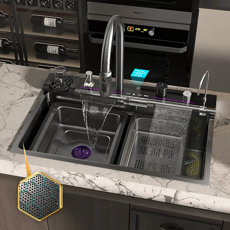 Telisiya Waterfall Kitchen Sink Stainless Steel With Digital Display