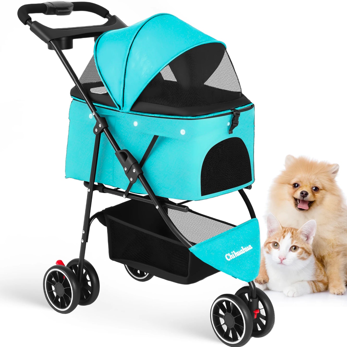 Chihuahua Pet Stroller 3 Wheel Foldable With Breathable Mesh Canopy Cats Dogs