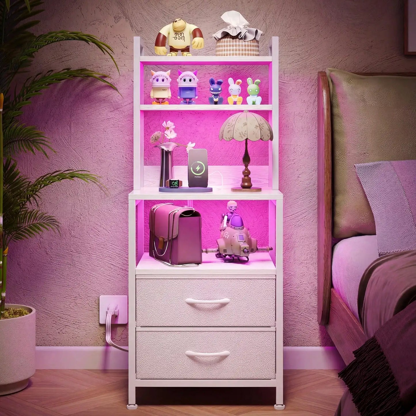 Tomnk Fabric Nightstand With Charging Station And Storage Drawers