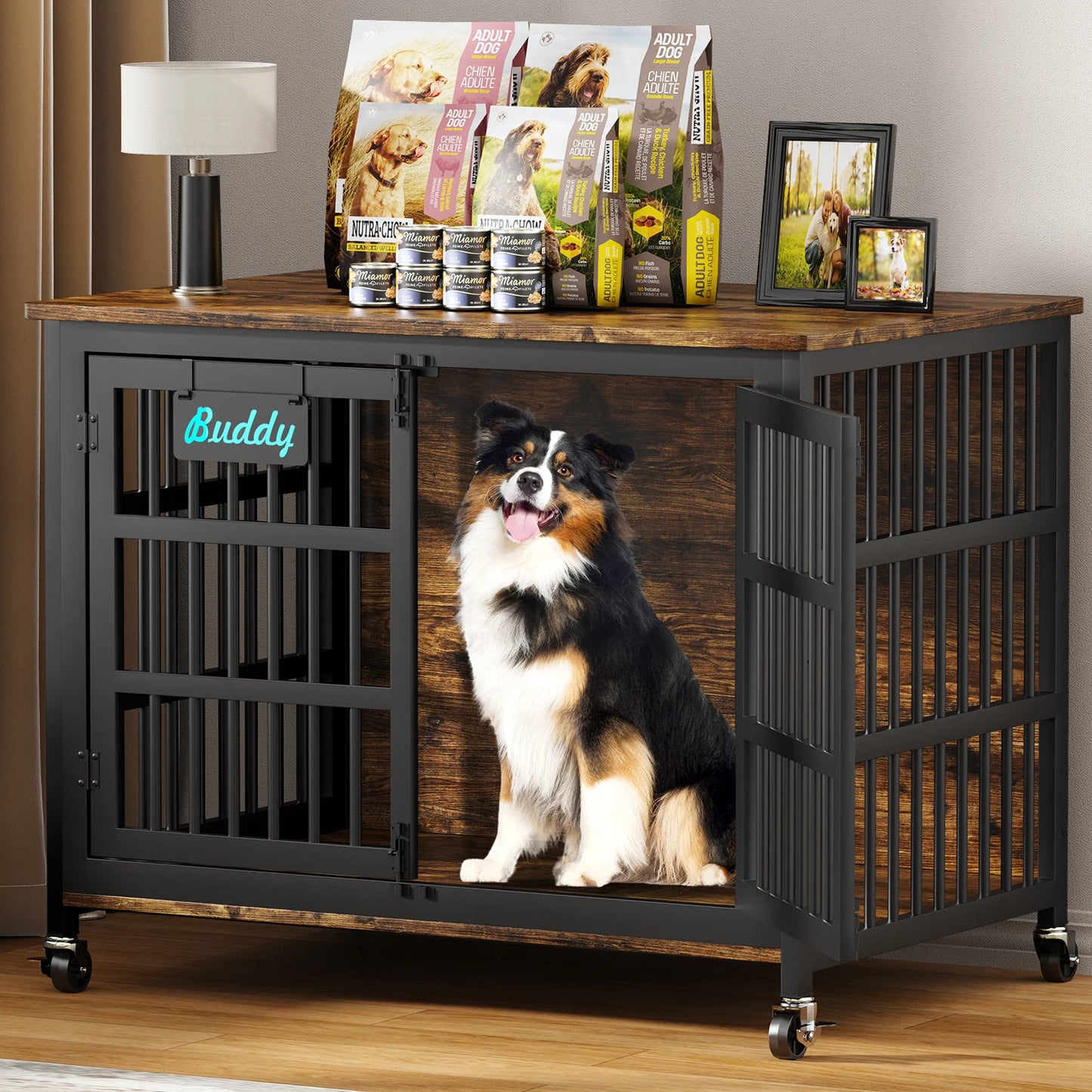 Dog Crate Furniture With Casters Indoor Kennel For Large Dogs
