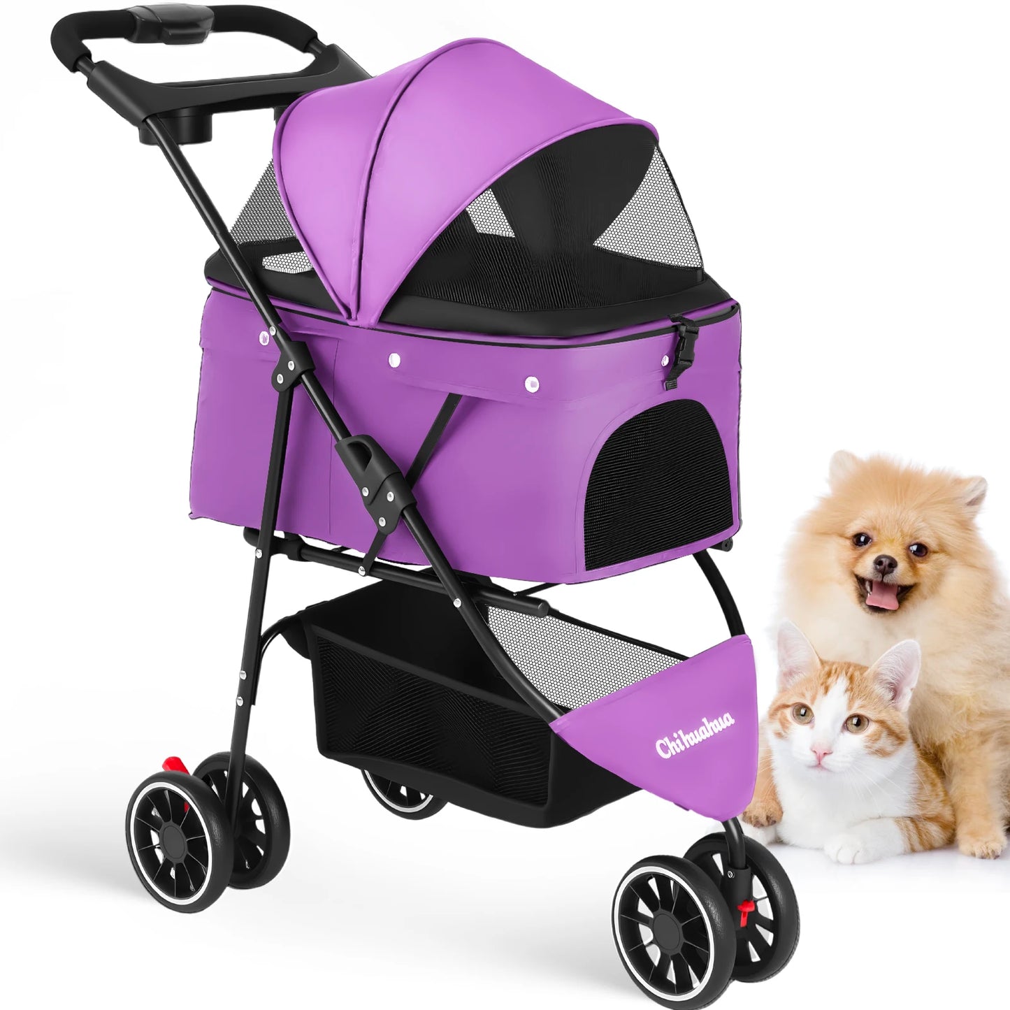 Chihuahua Pet Stroller 3 Wheel Foldable With Breathable Mesh Canopy Cats Dogs
