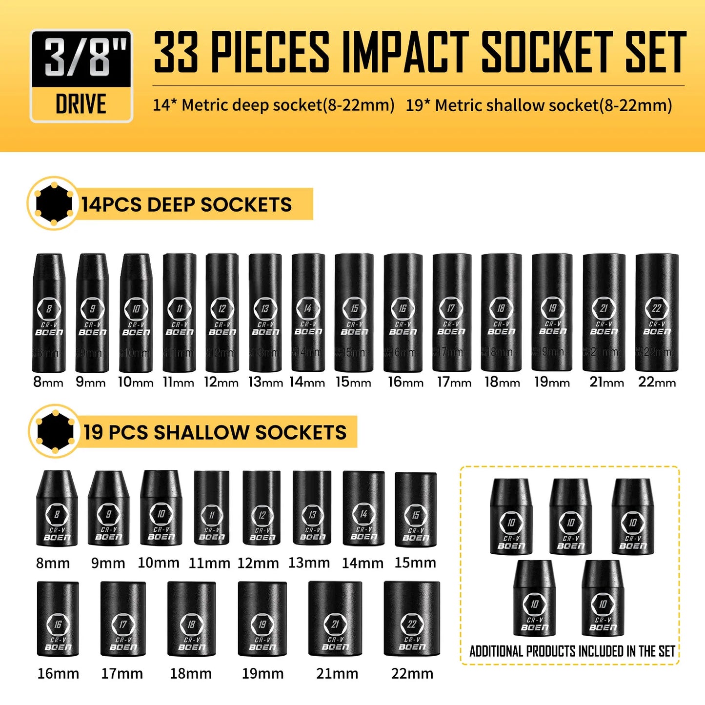Three Eighth Drive Impact Socket Set 57 Pcs SAE Metric