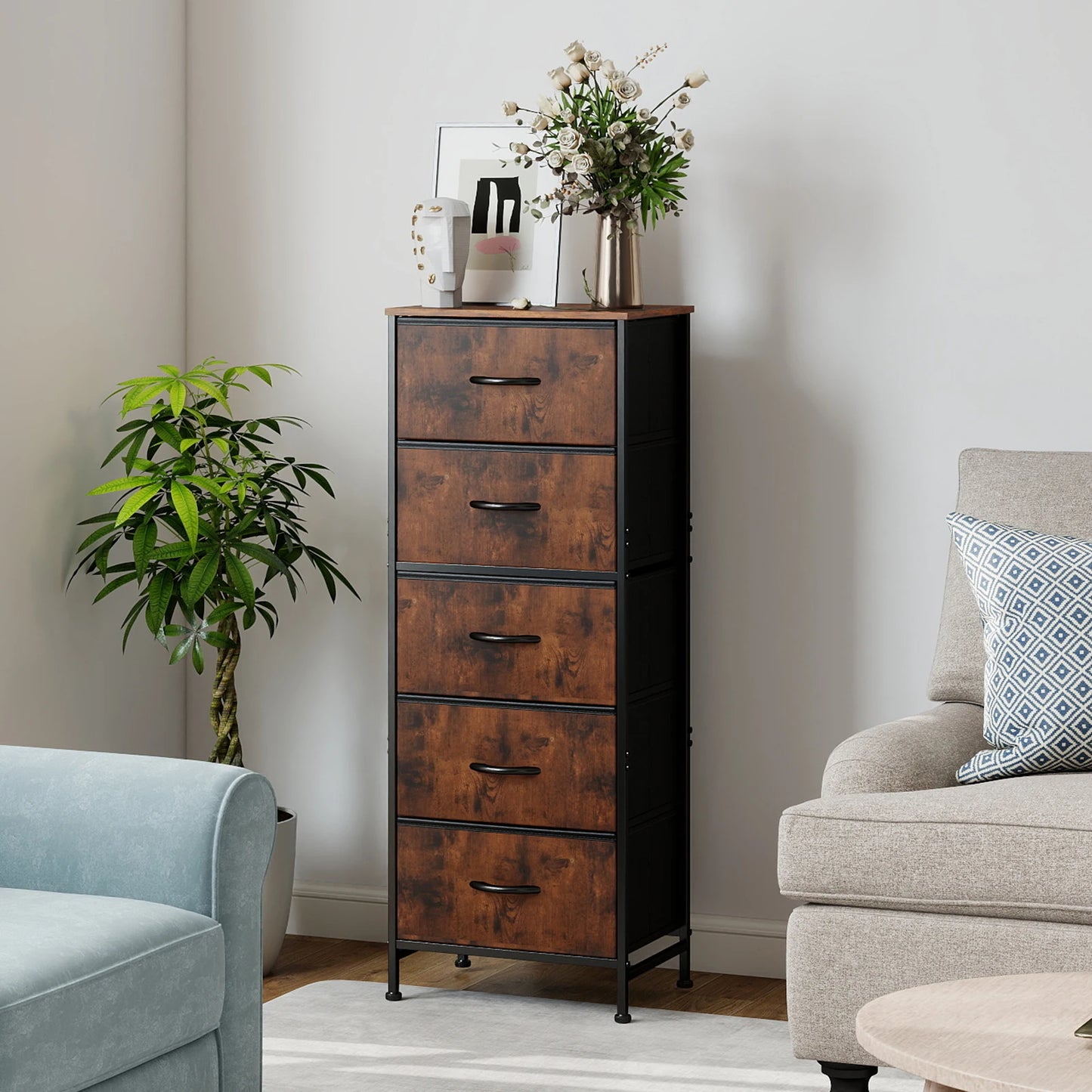 JHK Contemporary Dresser With Fabric Drawers And Steel Frame