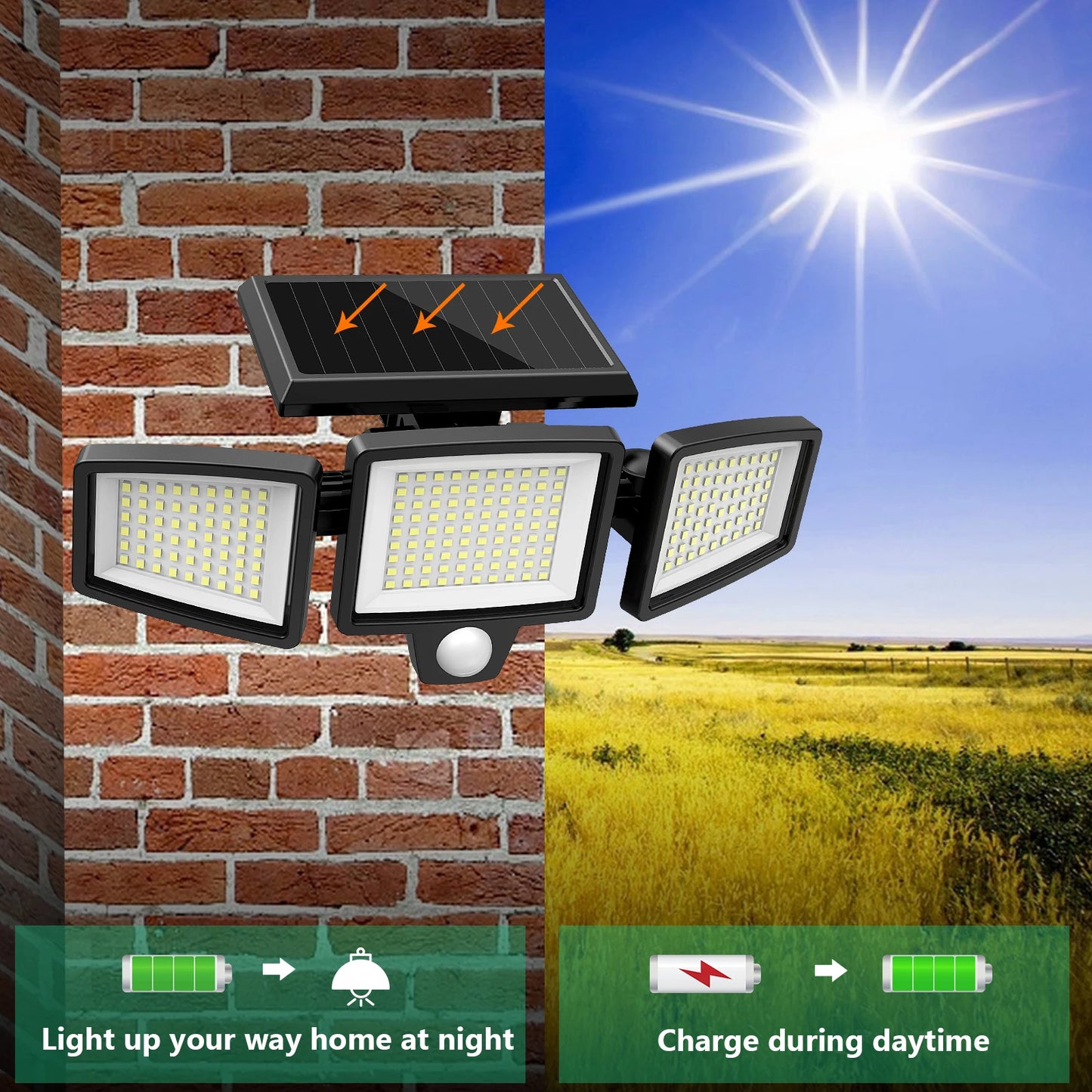 SZRSTH Three Head Solar Motion Sensor Outdoor Light With Remote