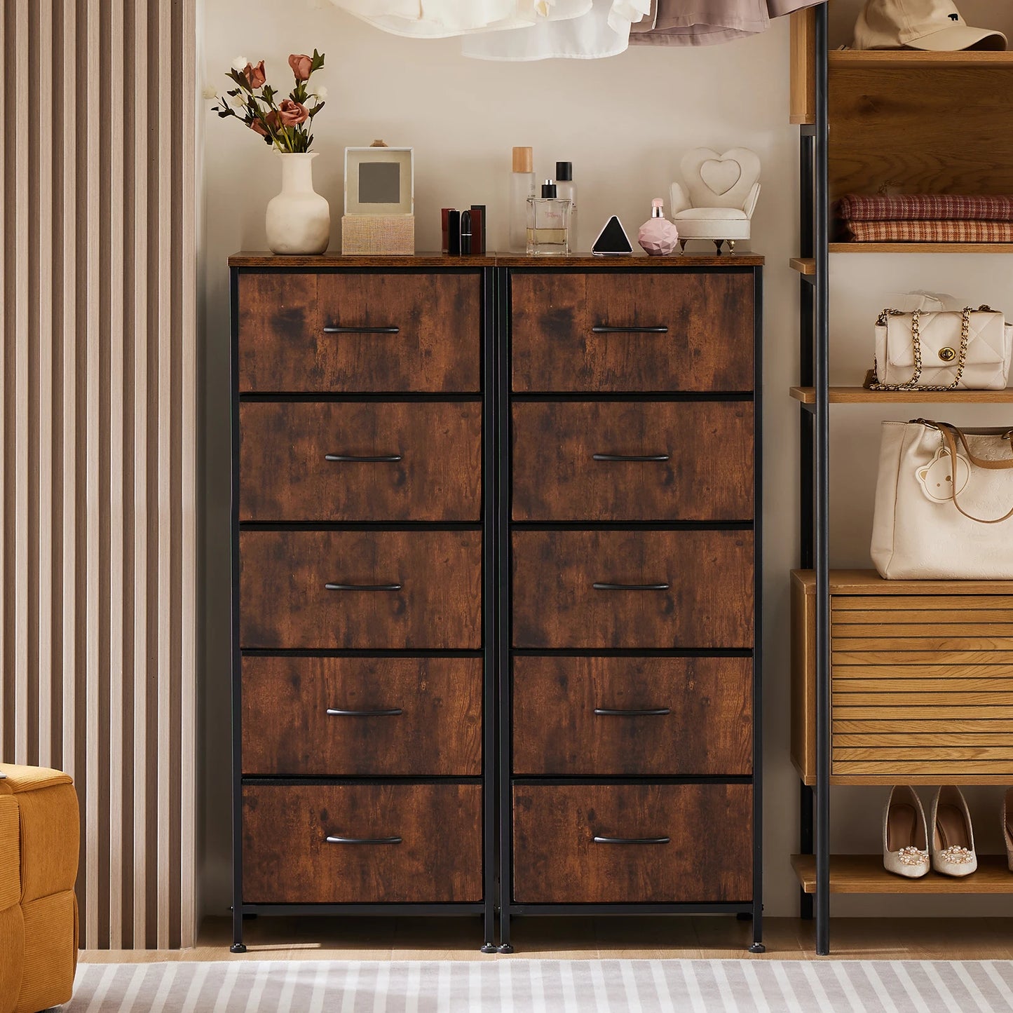JHK Contemporary Dresser With Fabric Drawers And Steel Frame