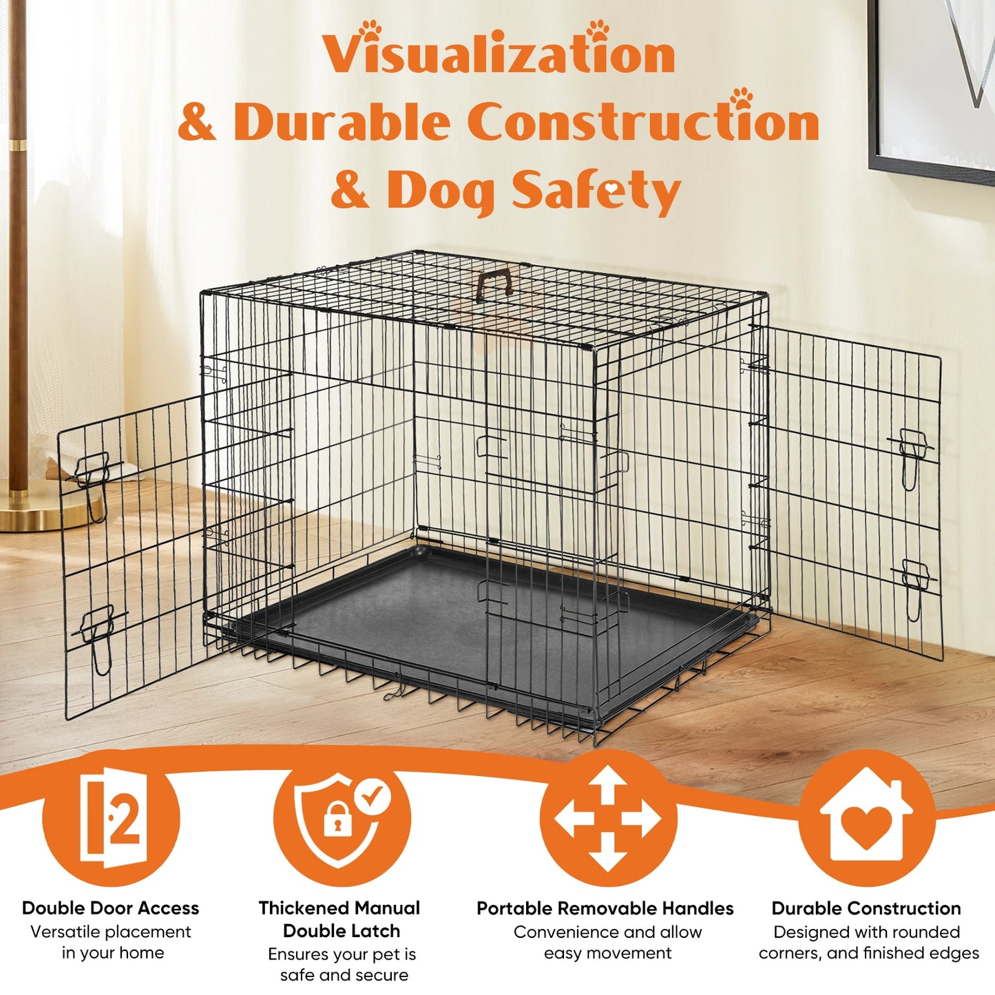 JHK Folding Double-Door Metal Dog Cage With Leak-Proof Pan