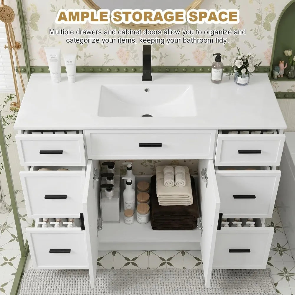 Farmhouse Vanity With Sink, 2 Soft-Close Doors And 6 Drawers