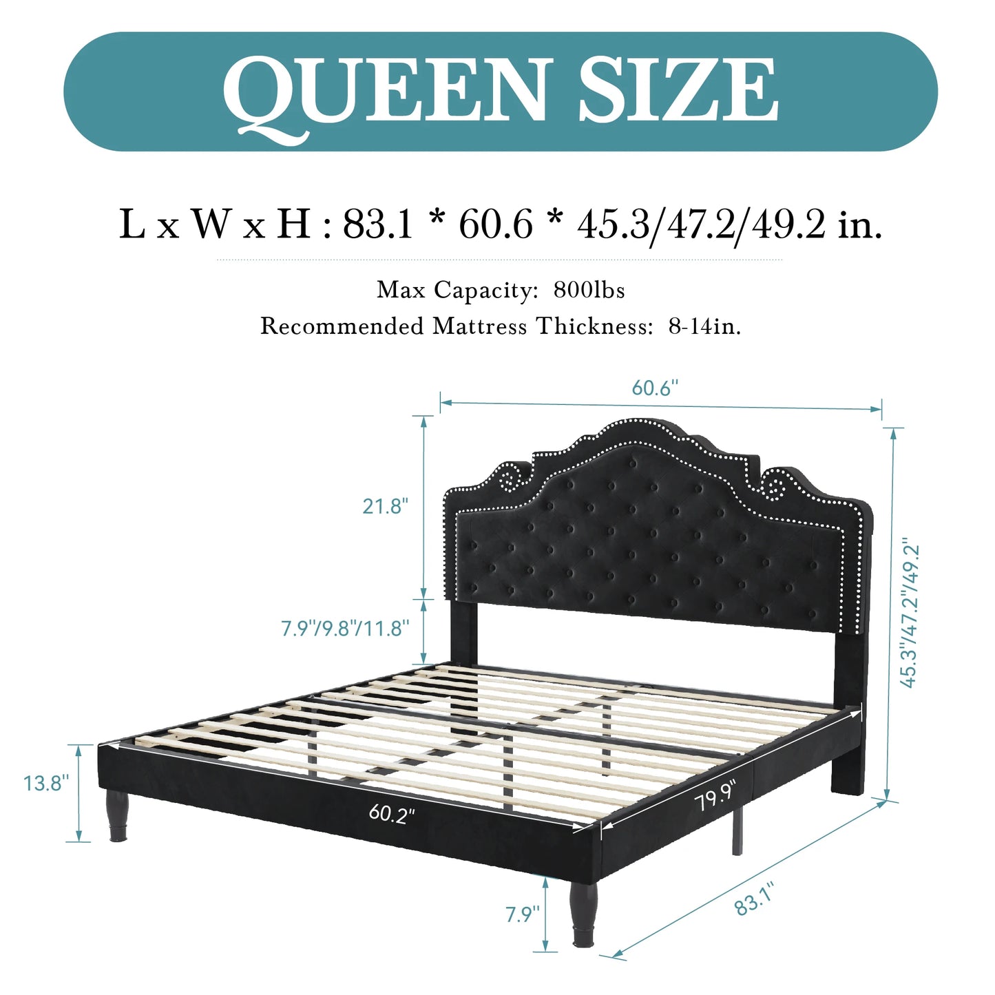 HOOMIC Velvet Diamond Tufted Bed Frame With Adjustable Tiara Headboard