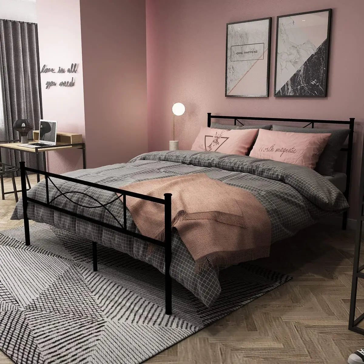 MERRONIX Bed Frame With Headboard And Metal Platform