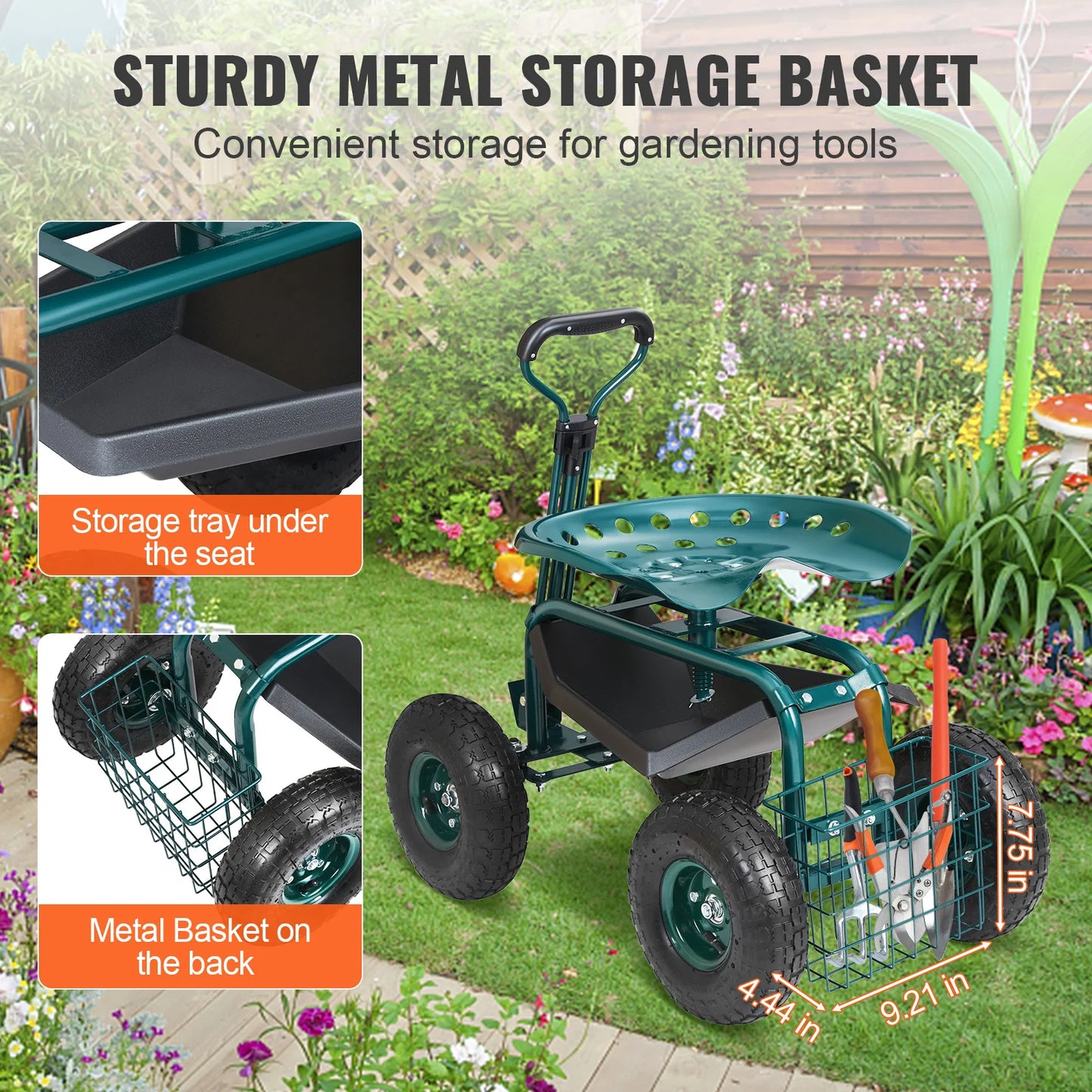 SucceBuy Rolling Garden Cart With Seat And 360 Degree Swivel