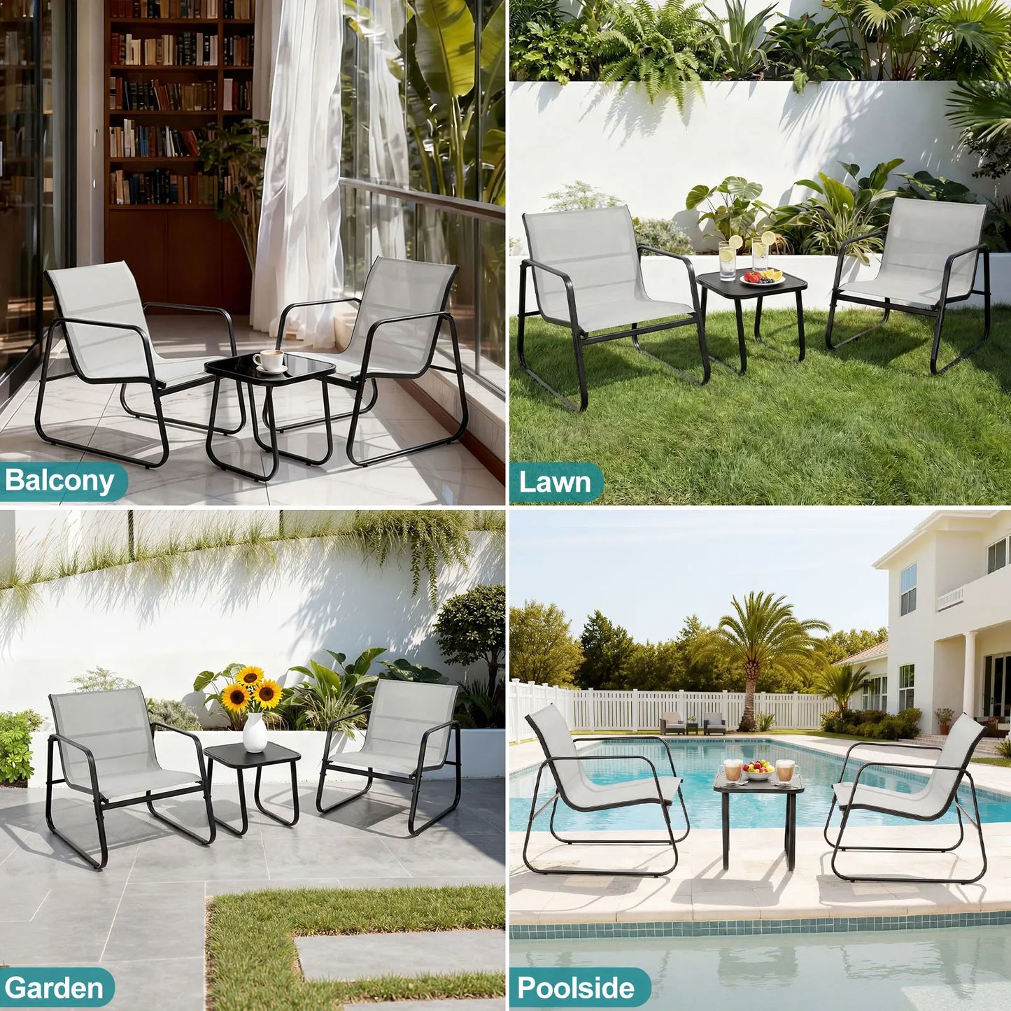 JHK 3-Piece Outdoor Patio Set With Table And Mesh Back