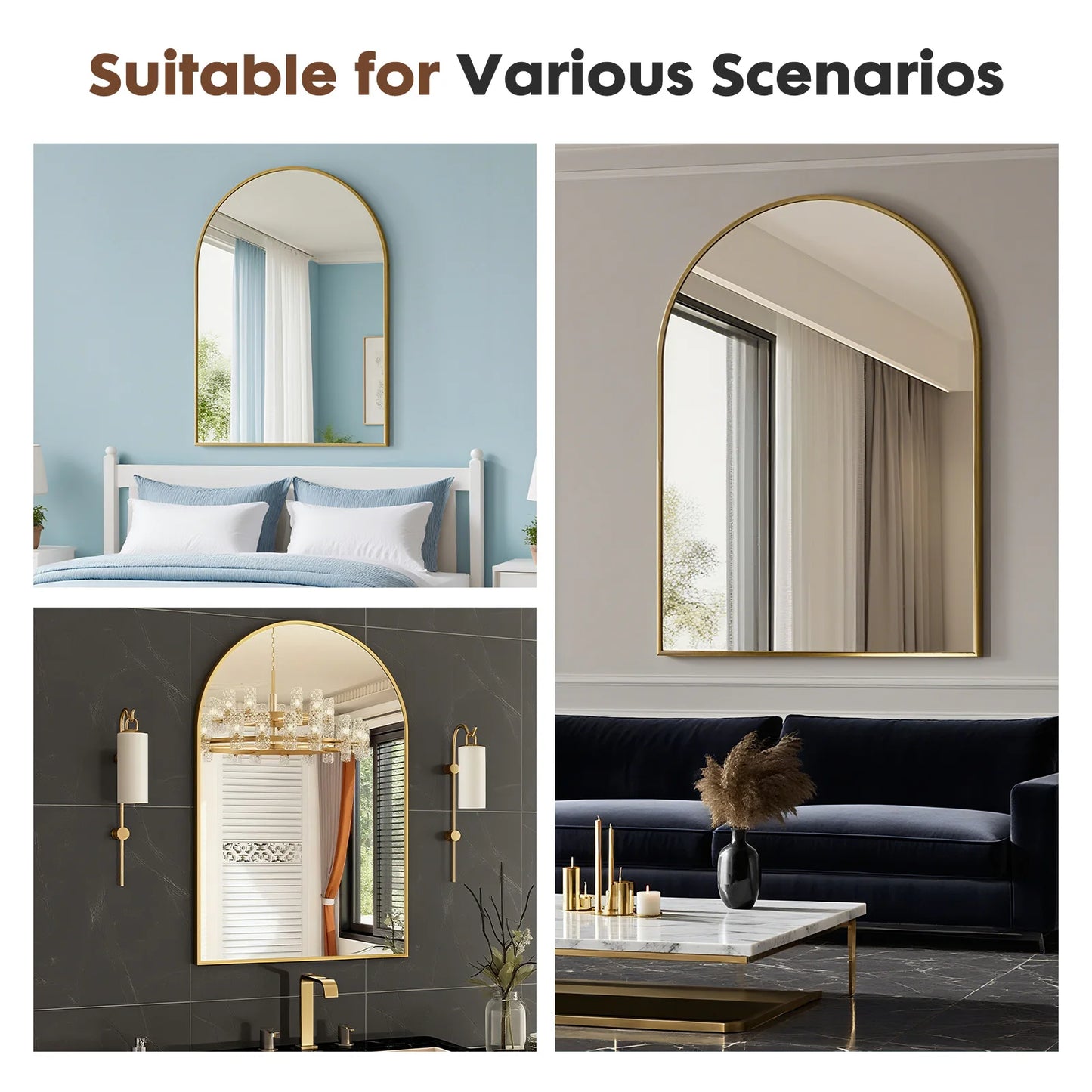 JHK Arched Metal Framed Wall Mirror For Bathroom And Bedroom