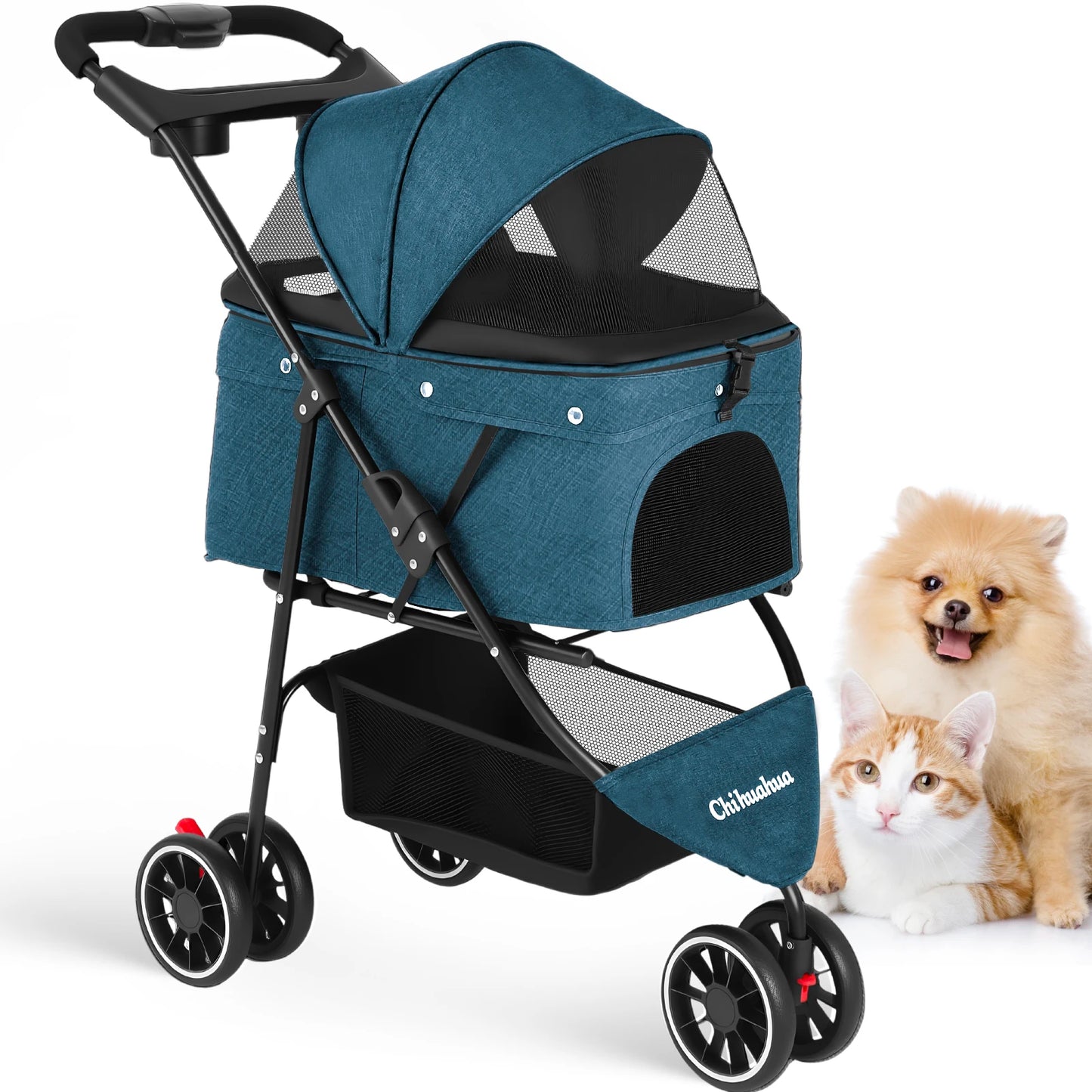 Chihuahua Pet Stroller 3 Wheel Foldable With Breathable Mesh Canopy Cats Dogs