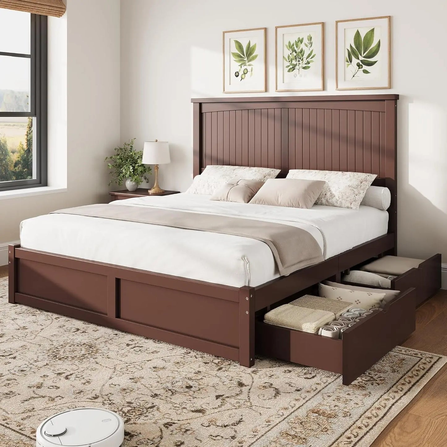 Solid Wood Platform Bed Frame With Headboard And Two Drawers