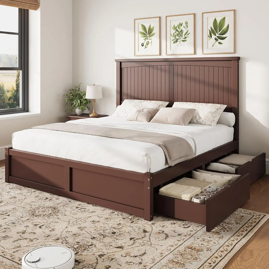 Solid Wood Platform Bed Frame With Headboard And Two Drawers