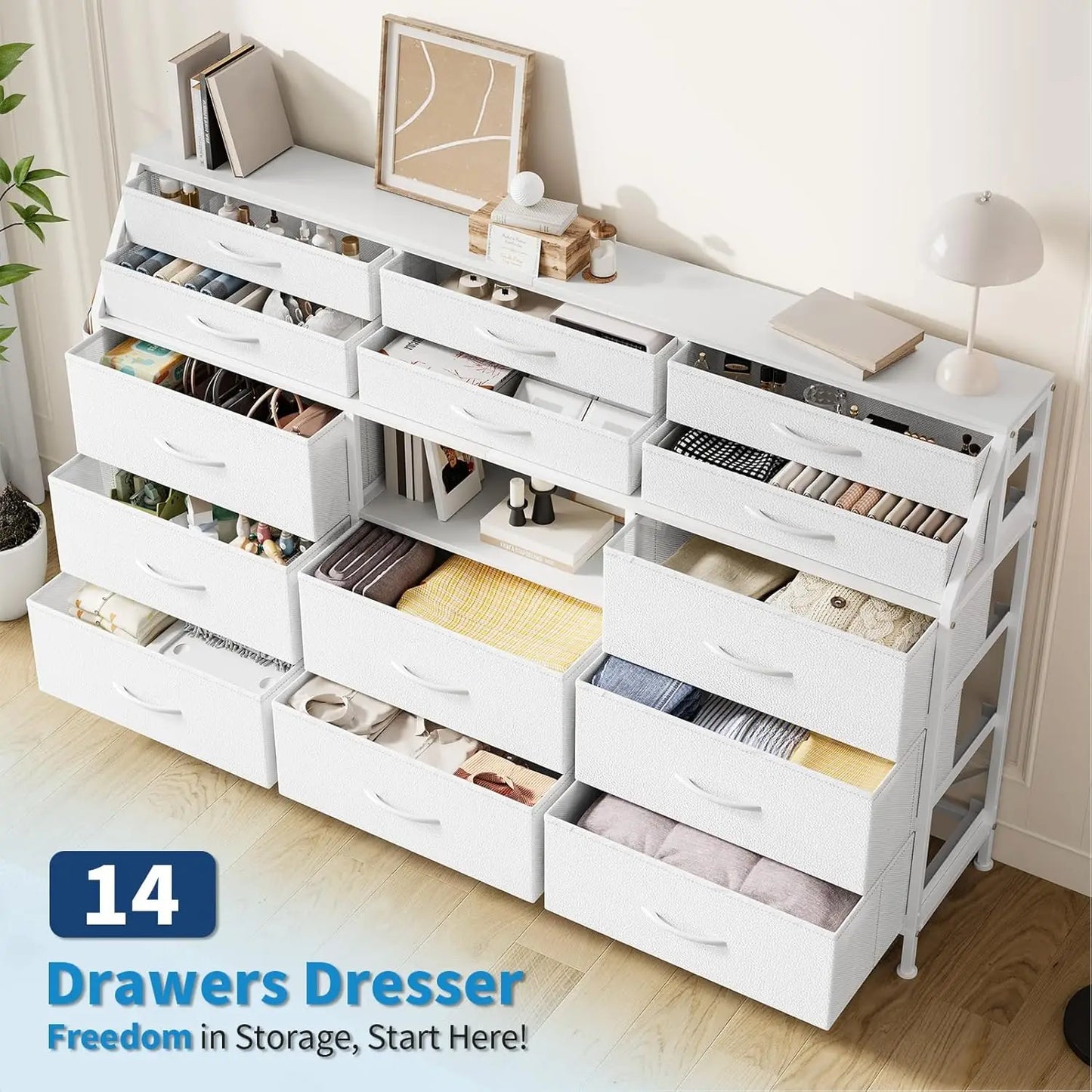 TWISTER.CK 14 Drawer Dresser For Bedroom With Wooden Top And Metal Frame