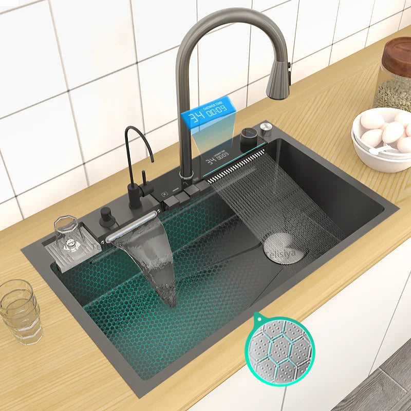 Telisiya Waterfall Kitchen Sink Stainless Steel With Digital Display