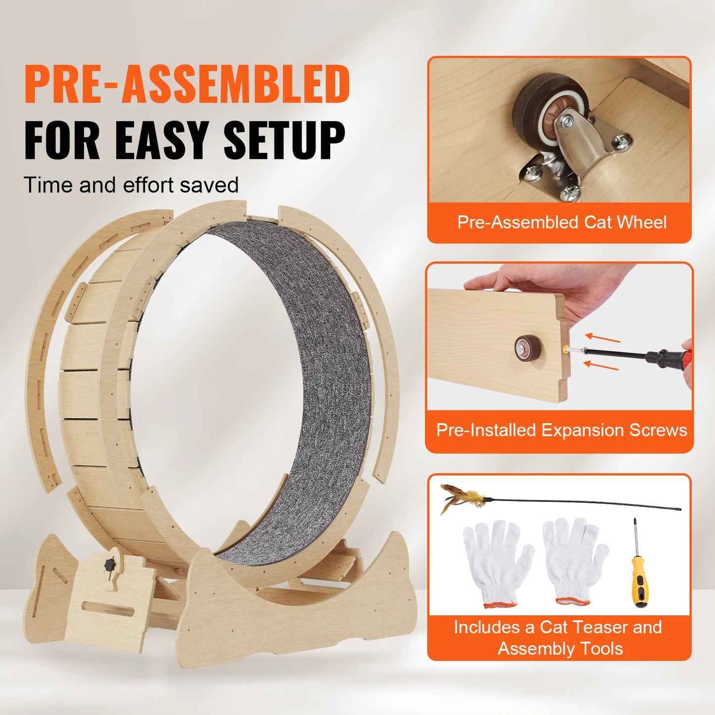 SucceBuy Wooden Cat Exercise Wheel For Indoor Cats Detachable Carpet