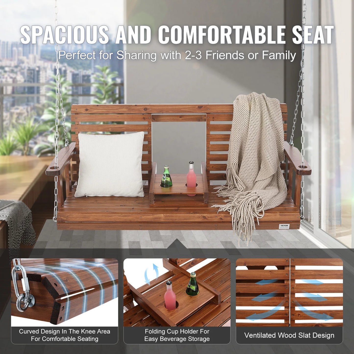SucceBuy Wooden Porch Swing For Outdoor Patio Garden
