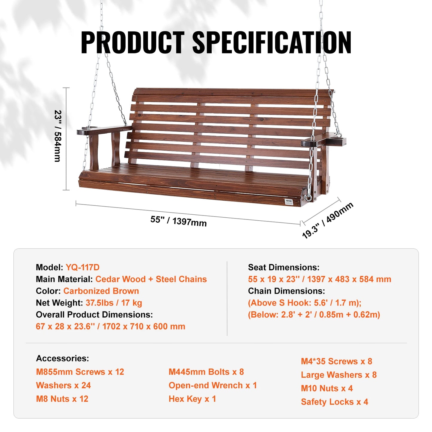 SucceBuy Wooden Porch Swing For Outdoor Patio Garden