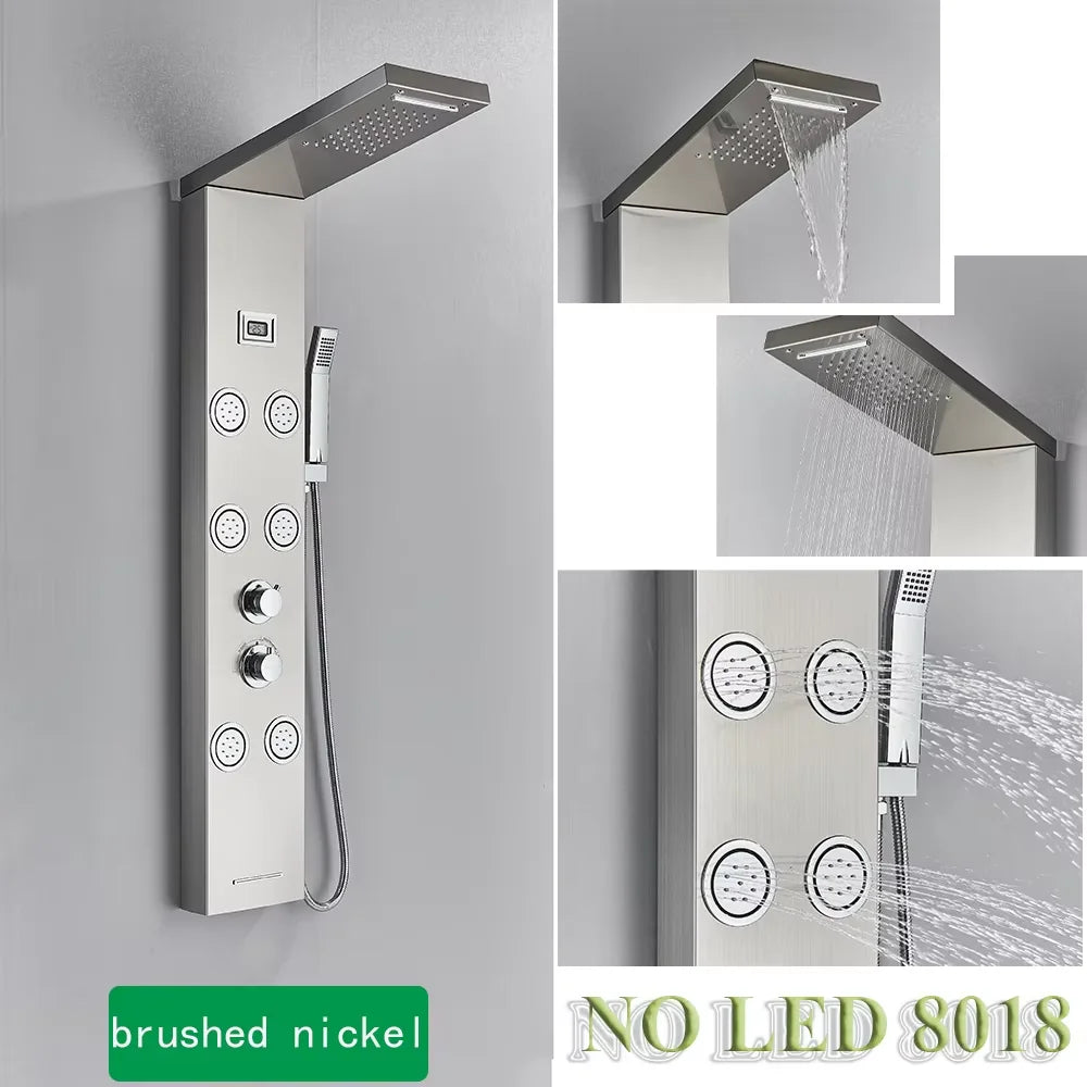 Brushed Stainless Steel Waterfall Shower Panel 5 Function With Massage