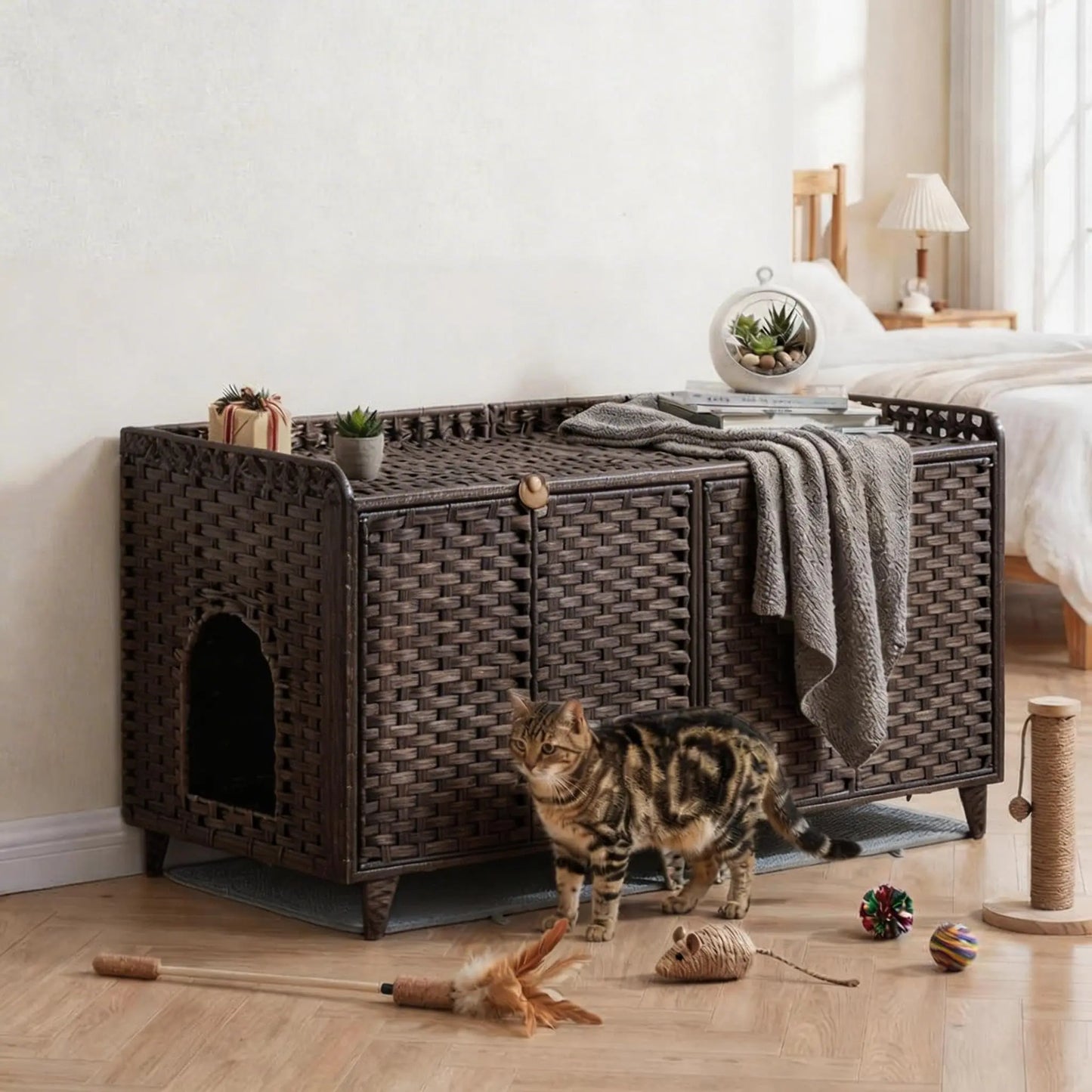 HiMISS Double Litter Box Enclosure for Two Cats in Rattan