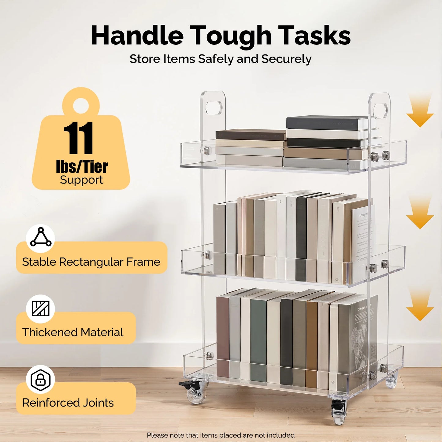 Bymaocar 3-Tier Clear Acrylic Rolling Cart With Brakes