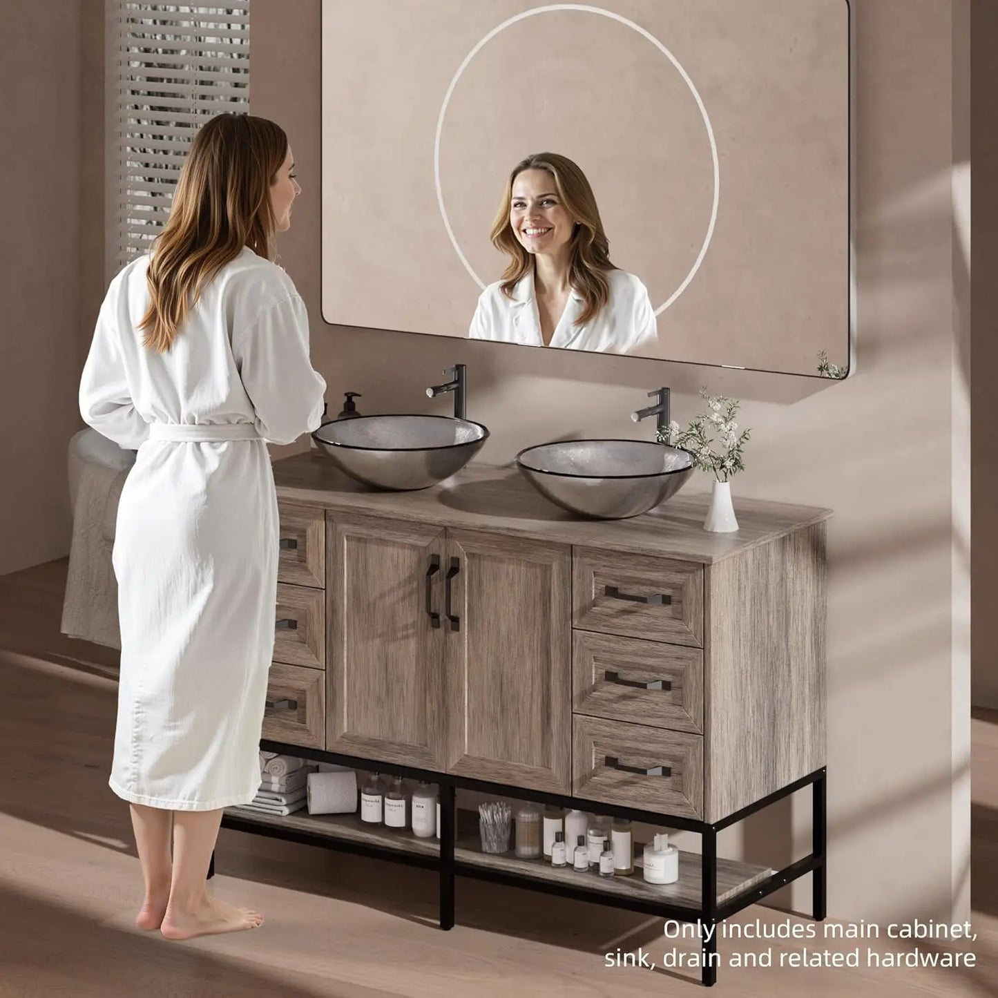 Double Sink Bathroom Vanity With Open Shelves And Six Drawers