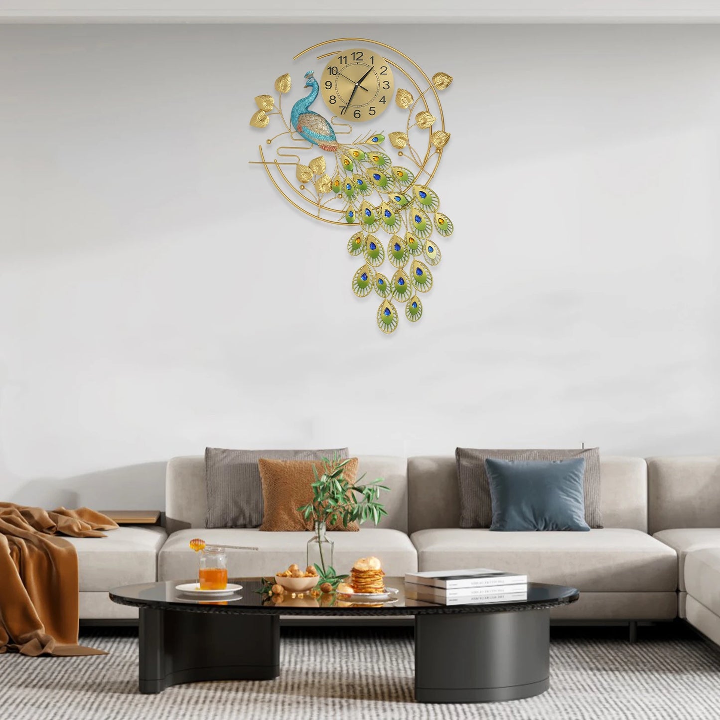 Peacock Art Wall Clock Silent Metal Timepiece For Home Decor