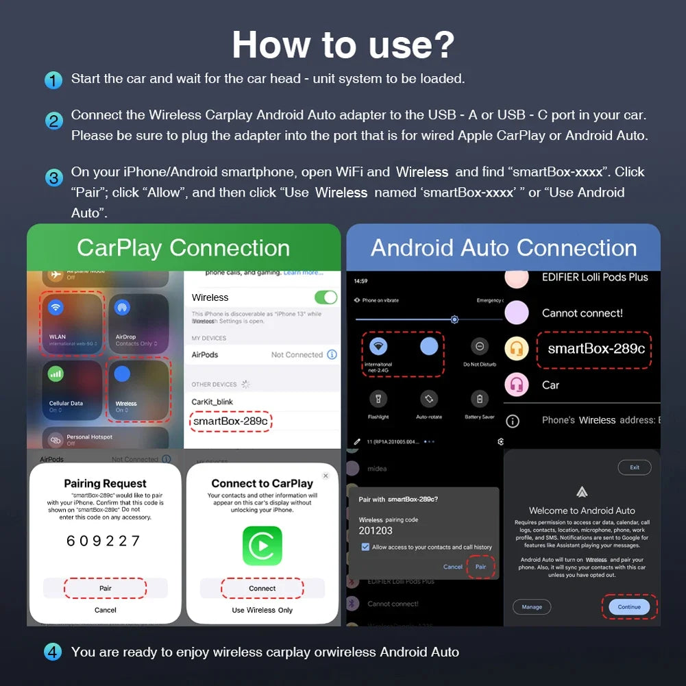 Mojoyce 2-in-1 Wireless CarPlay Android Auto Adapter Plug and Play