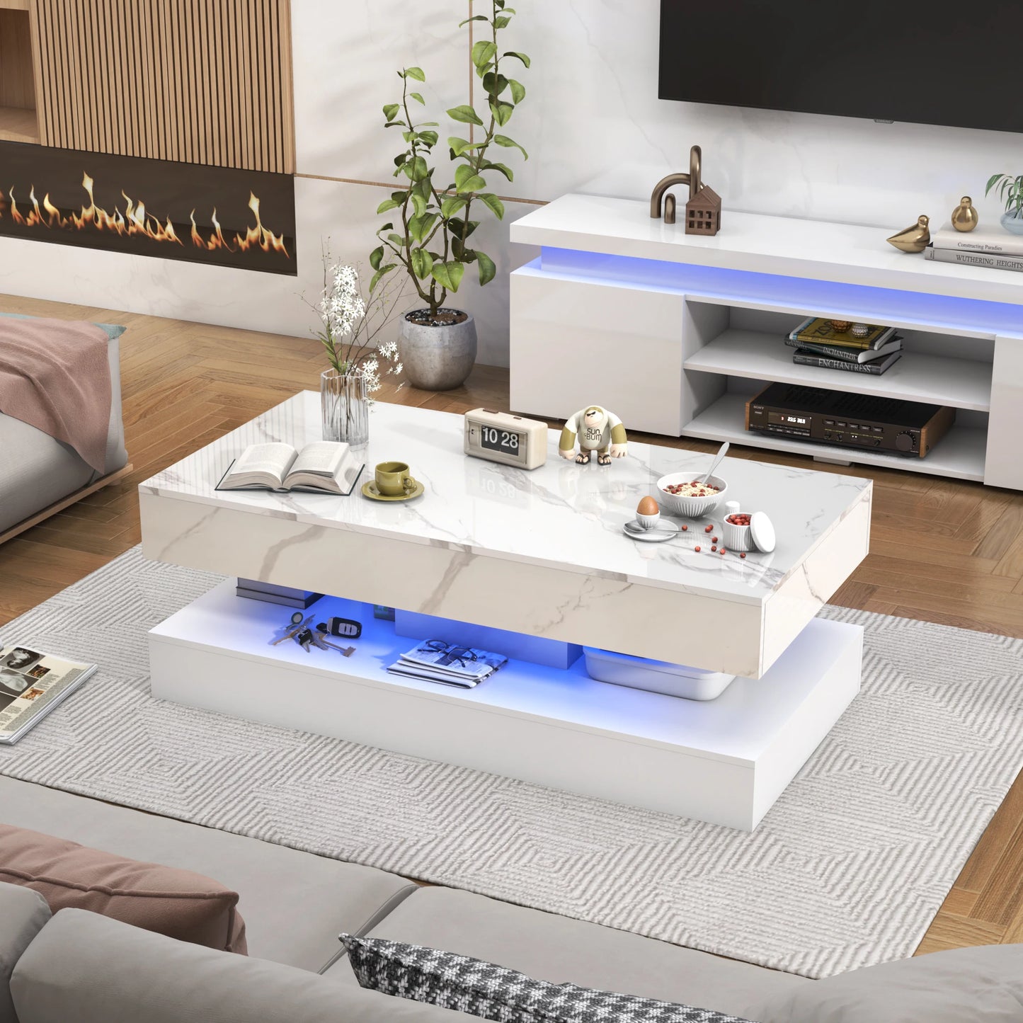 QiaoShiRen LED Coffee Table With Double Layer Storage Drawers