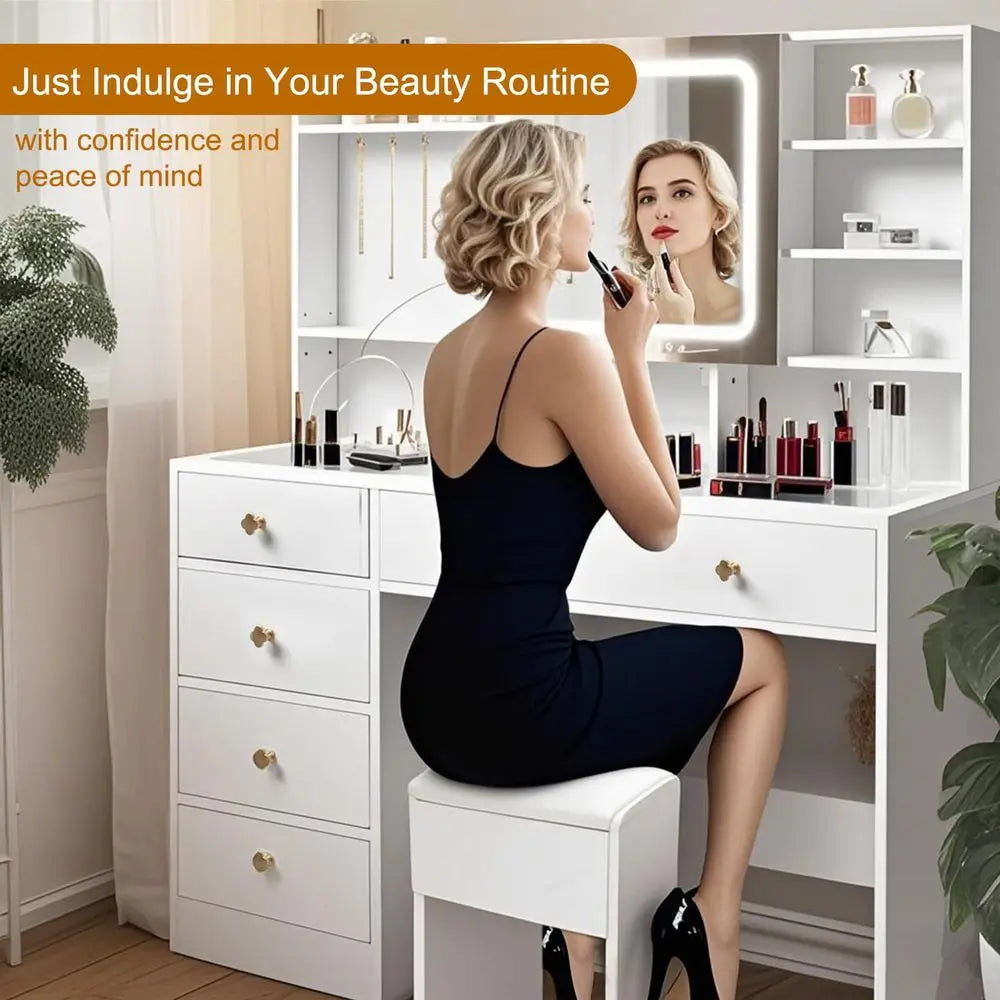Makeup Vanity Desk With Lighted Mirror And Charging Station