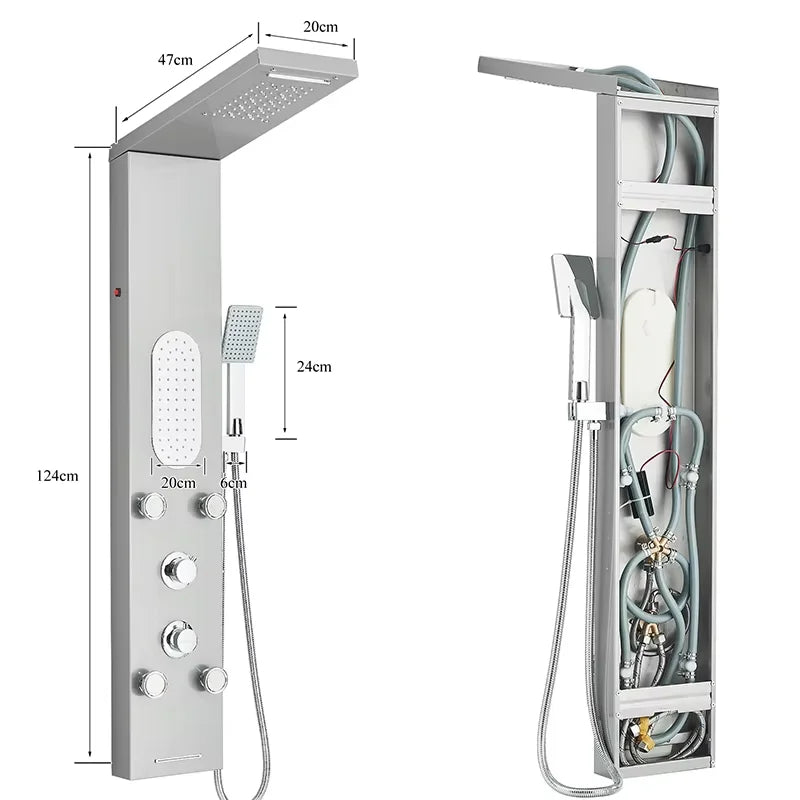 Brushed Stainless Steel Waterfall Shower Panel 5 Function With Massage