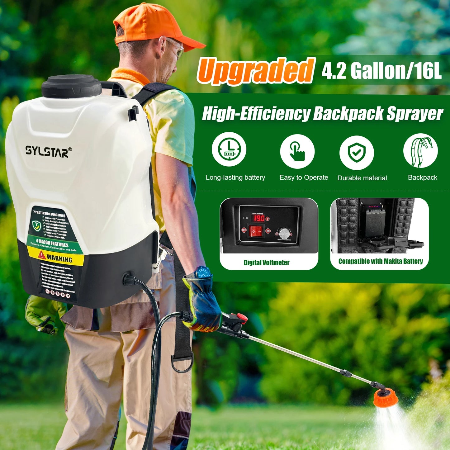 16L Electric Garden Sprayer With Telescopic Wand And 5 Nozzles