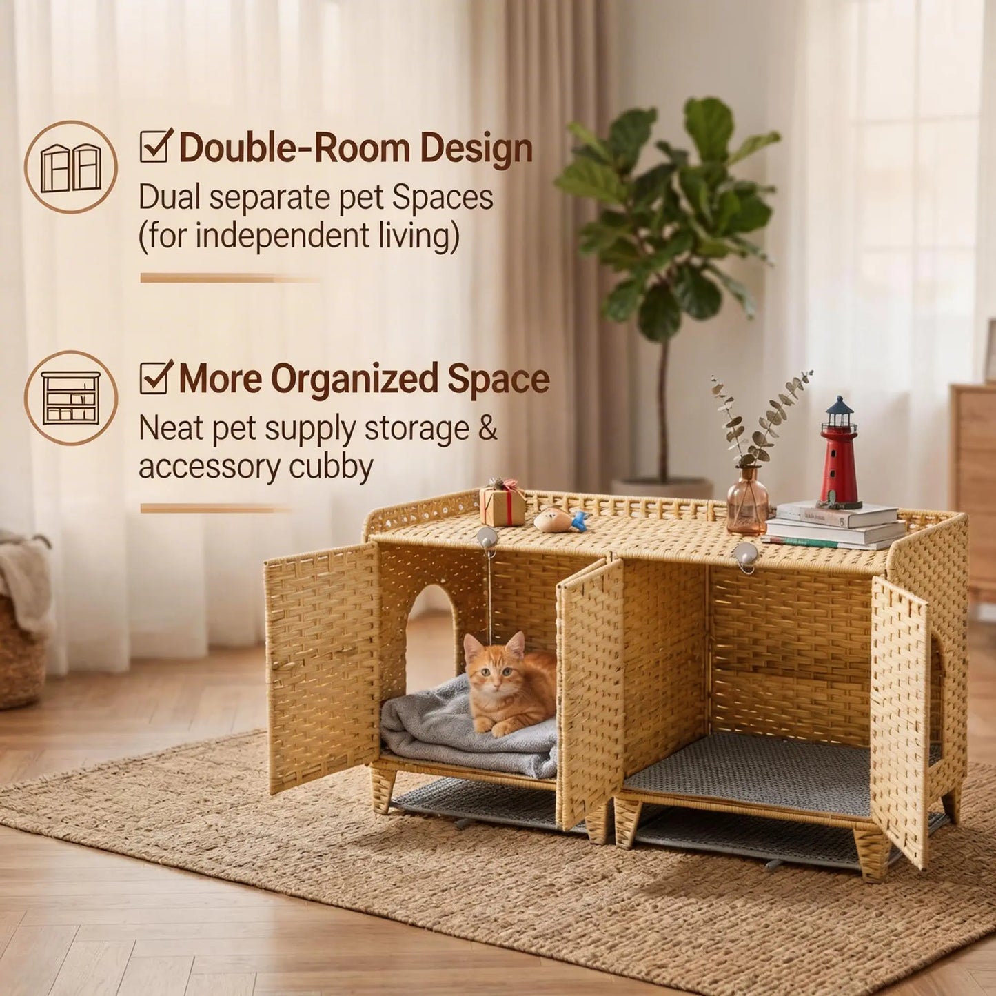 HiMISS Double Litter Box Enclosure for Two Cats in Rattan