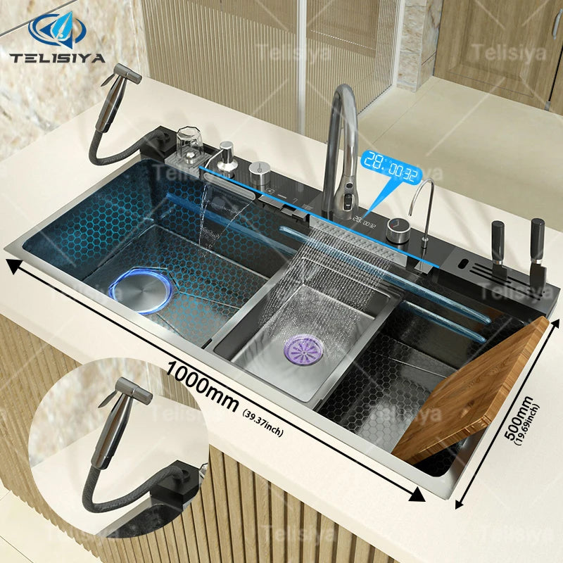Telisiya Waterfall Kitchen Sink Stainless Steel With Digital Display