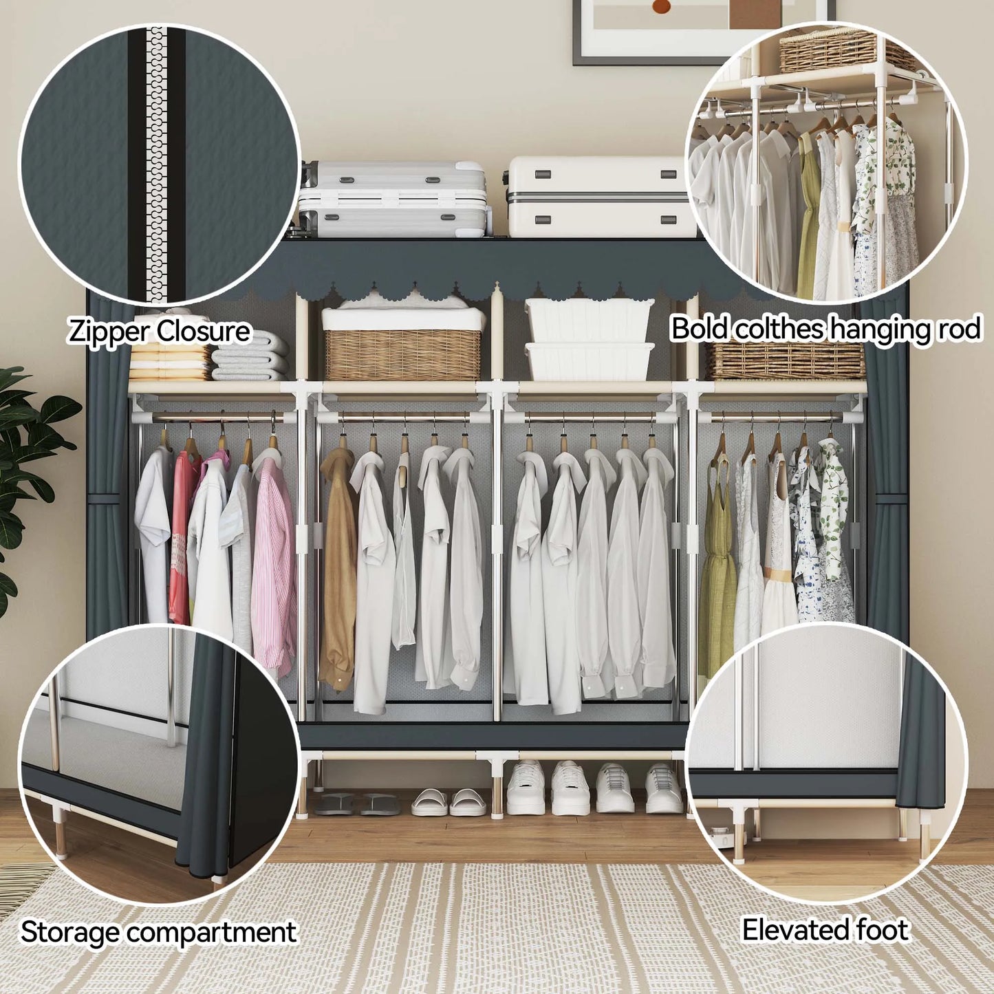 ArluKin Heavy Duty Fabric Wardrobe With Four Hanging Rods