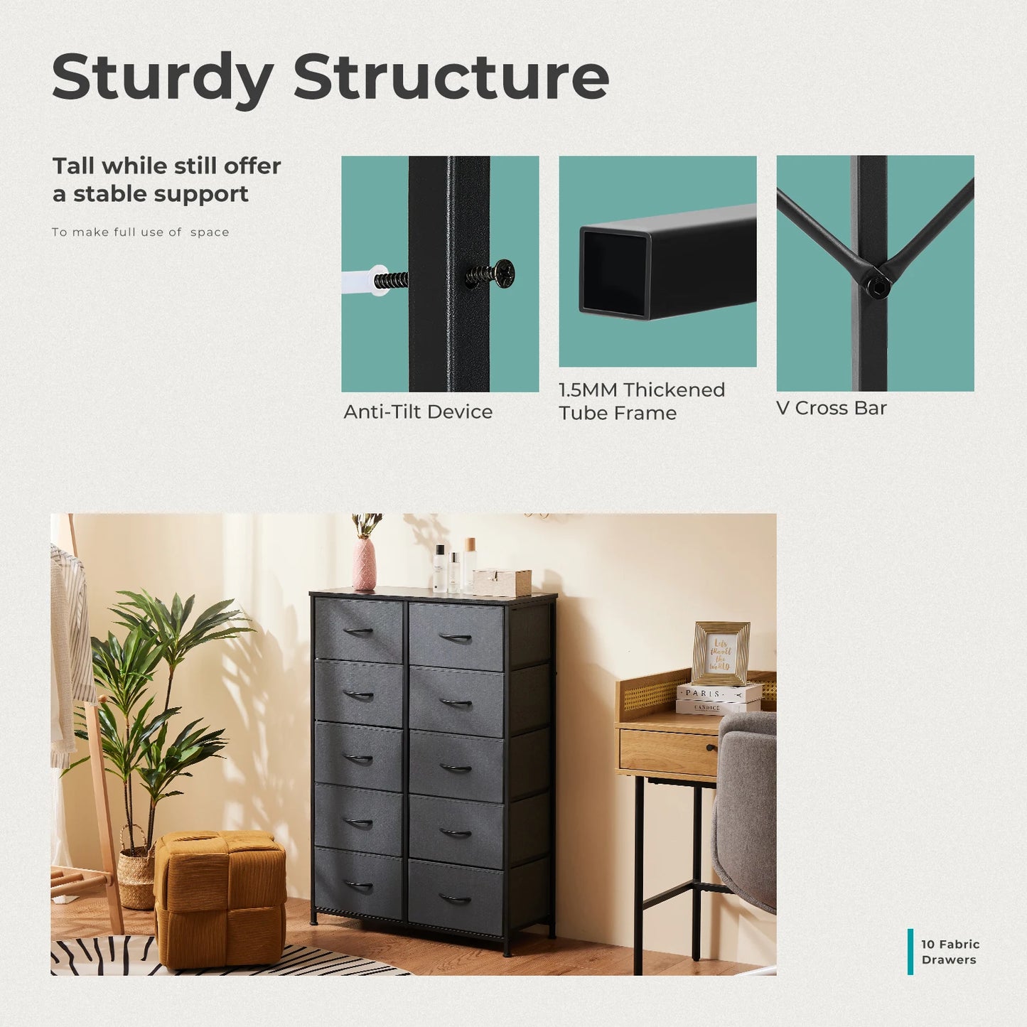 JHK Modern Nightstand With 10 Fabric Drawers And Steel Frame