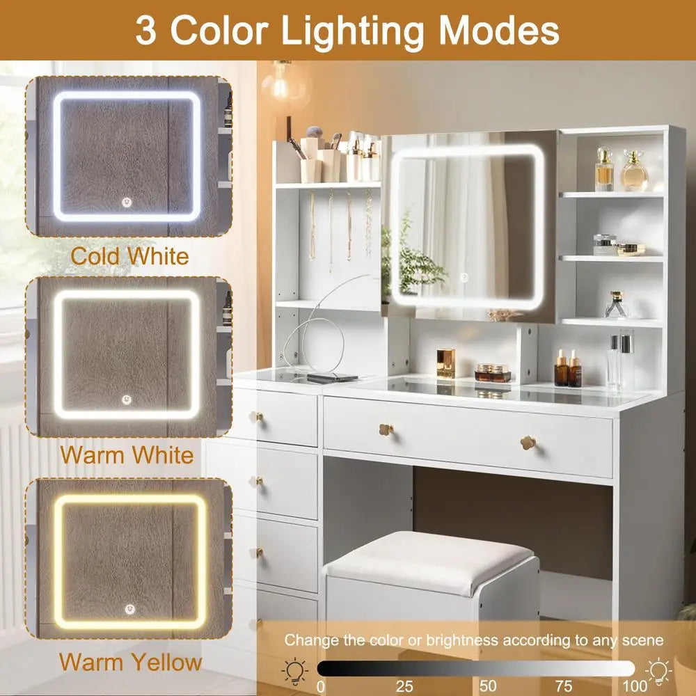 Makeup Vanity Desk With Lighted Mirror And Charging Station