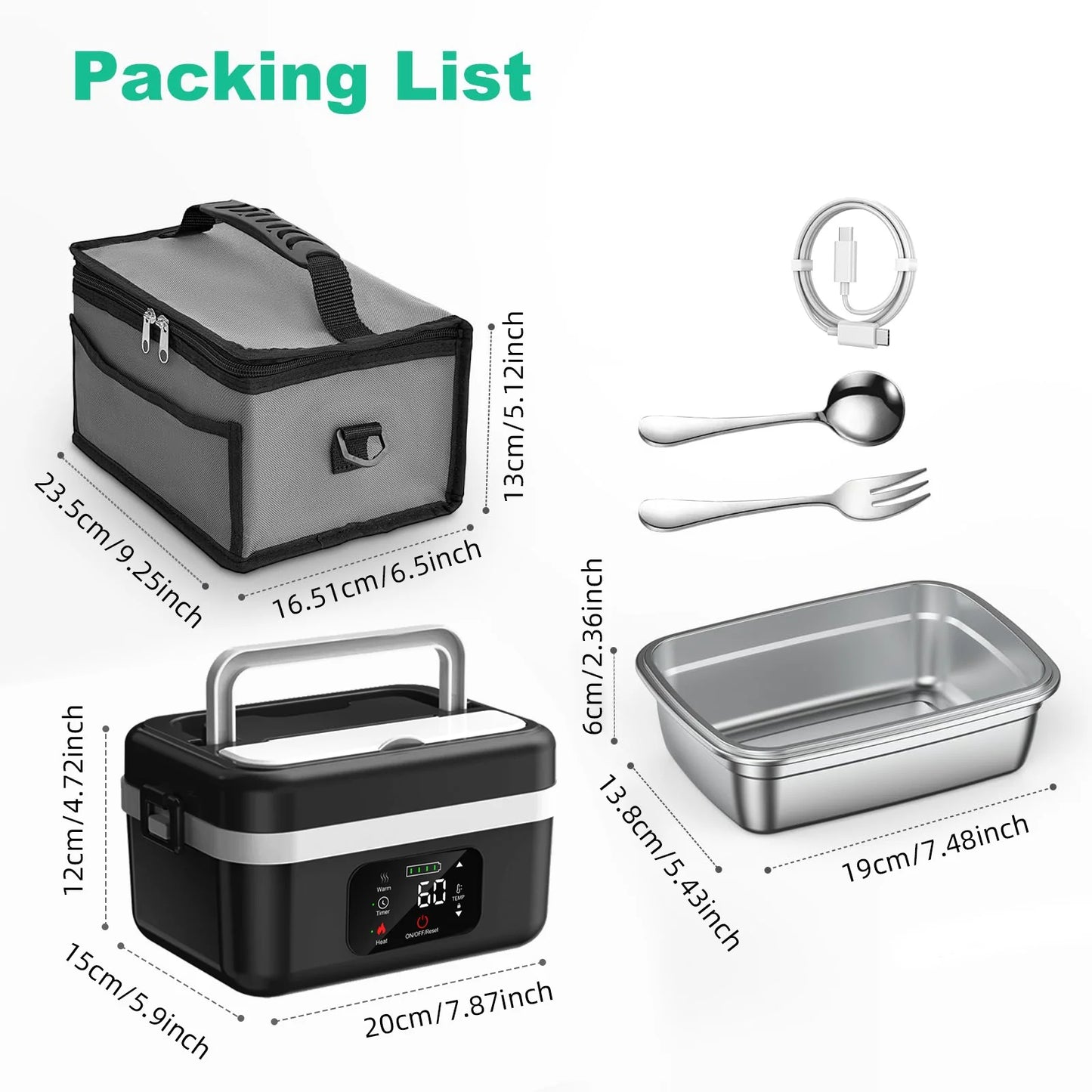 Wireless Insulated Lunch Box With 8000mAh Battery And 60W Heating