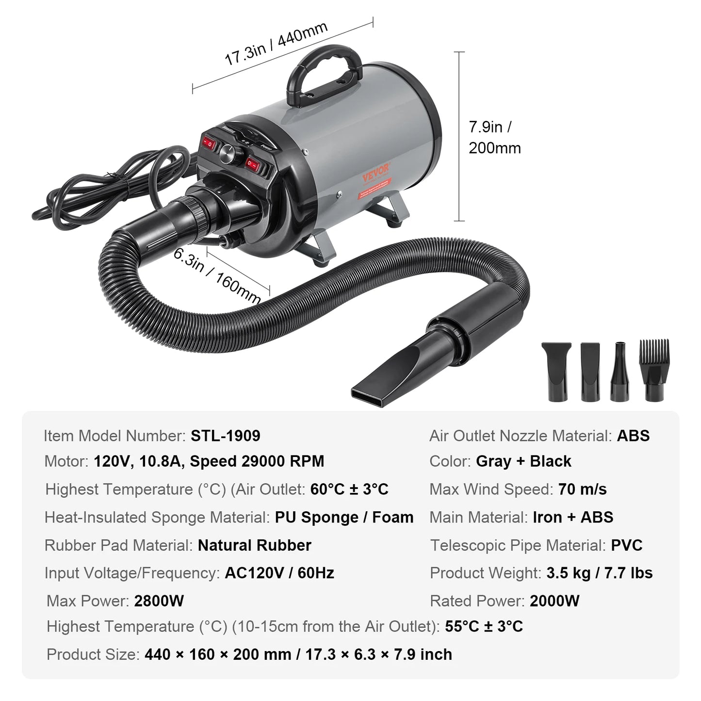 SucceBuy 2000W Dog Hair Dryer With Adjustable Speed And Temperature