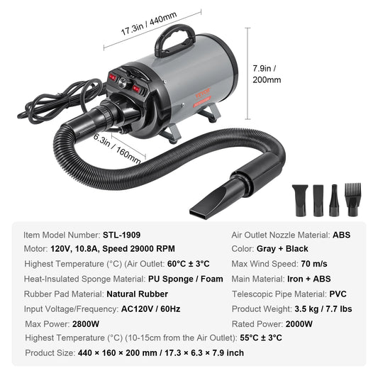 SucceBuy 2000W Dog Hair Dryer With Adjustable Speed And Temperature