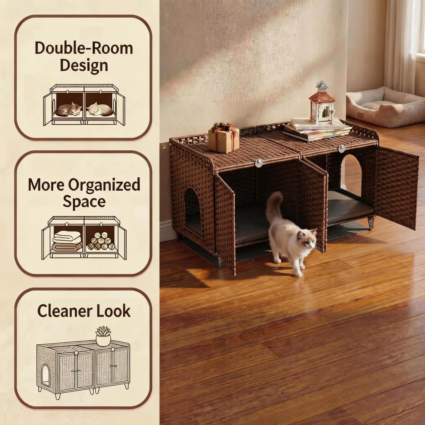 HiMISS Double Litter Box Enclosure for Two Cats in Rattan