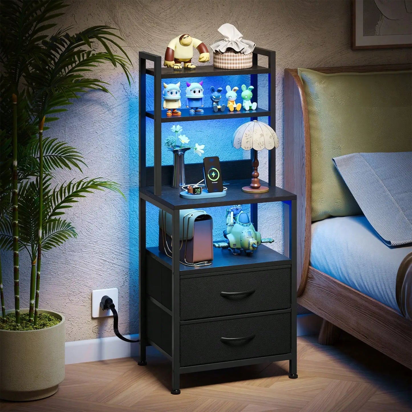 Tomnk Fabric Nightstand With Charging Station And Storage Drawers