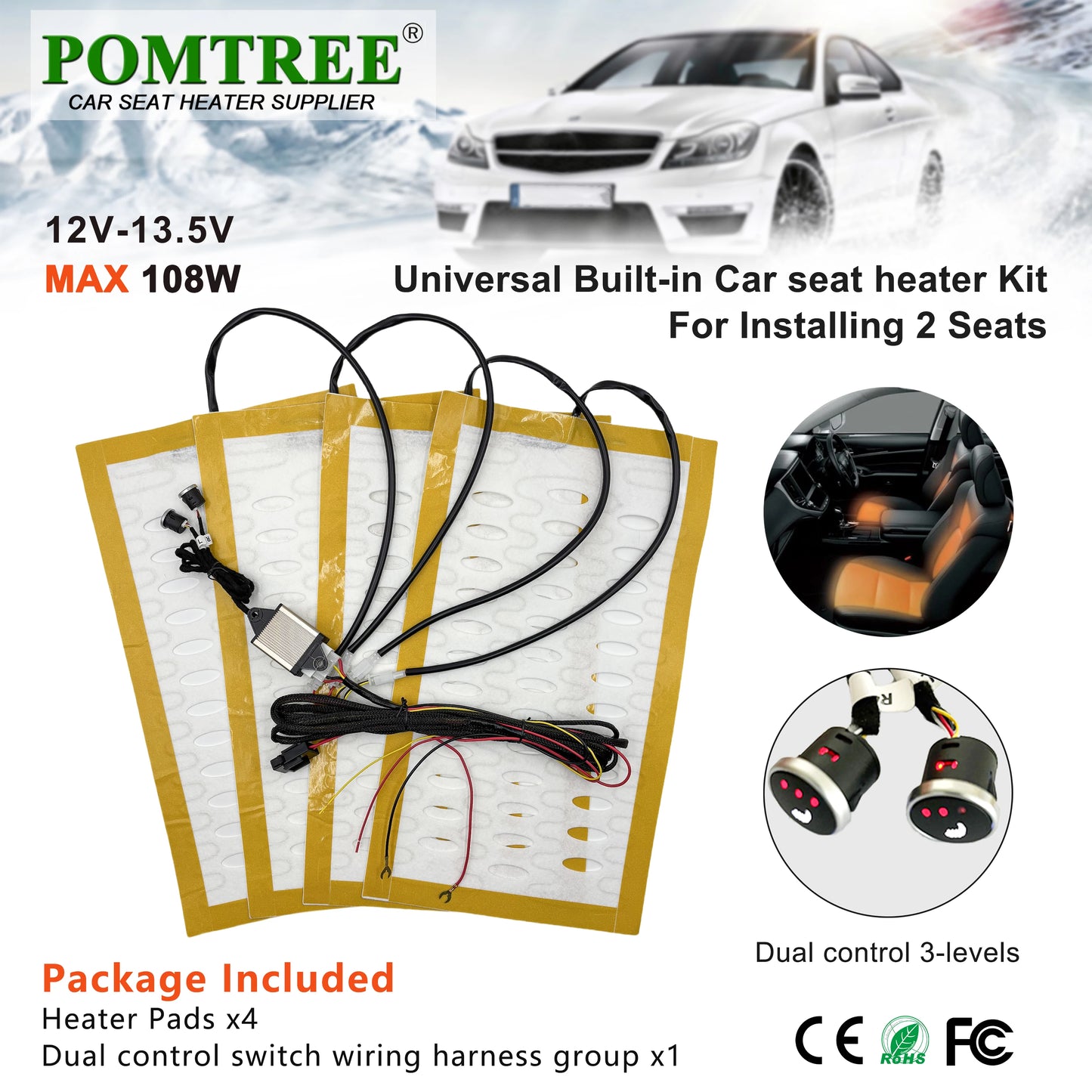 Universal Built-In Car Seat Heater For 2 Seats 12V 3-Level