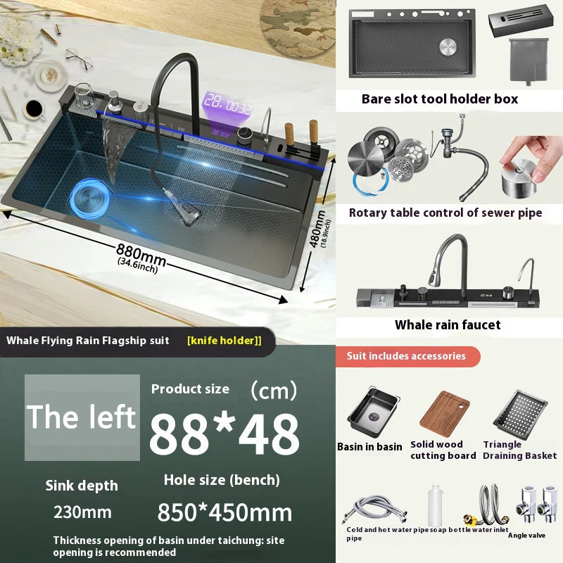 Telisiya Waterfall Kitchen Sink Stainless Steel With Digital Display
