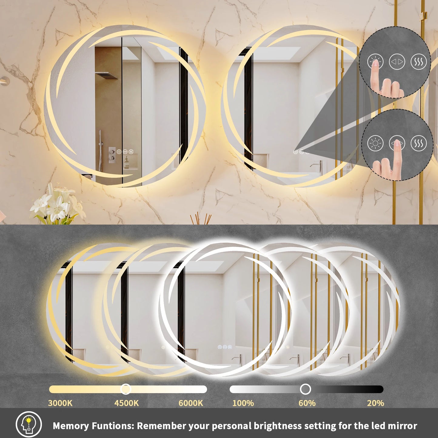 LED Round Anti Fog Bathroom Mirror With Backlit Color Lights