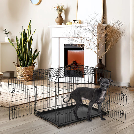 JHK Folding Double-Door Metal Dog Cage With Leak-Proof Pan