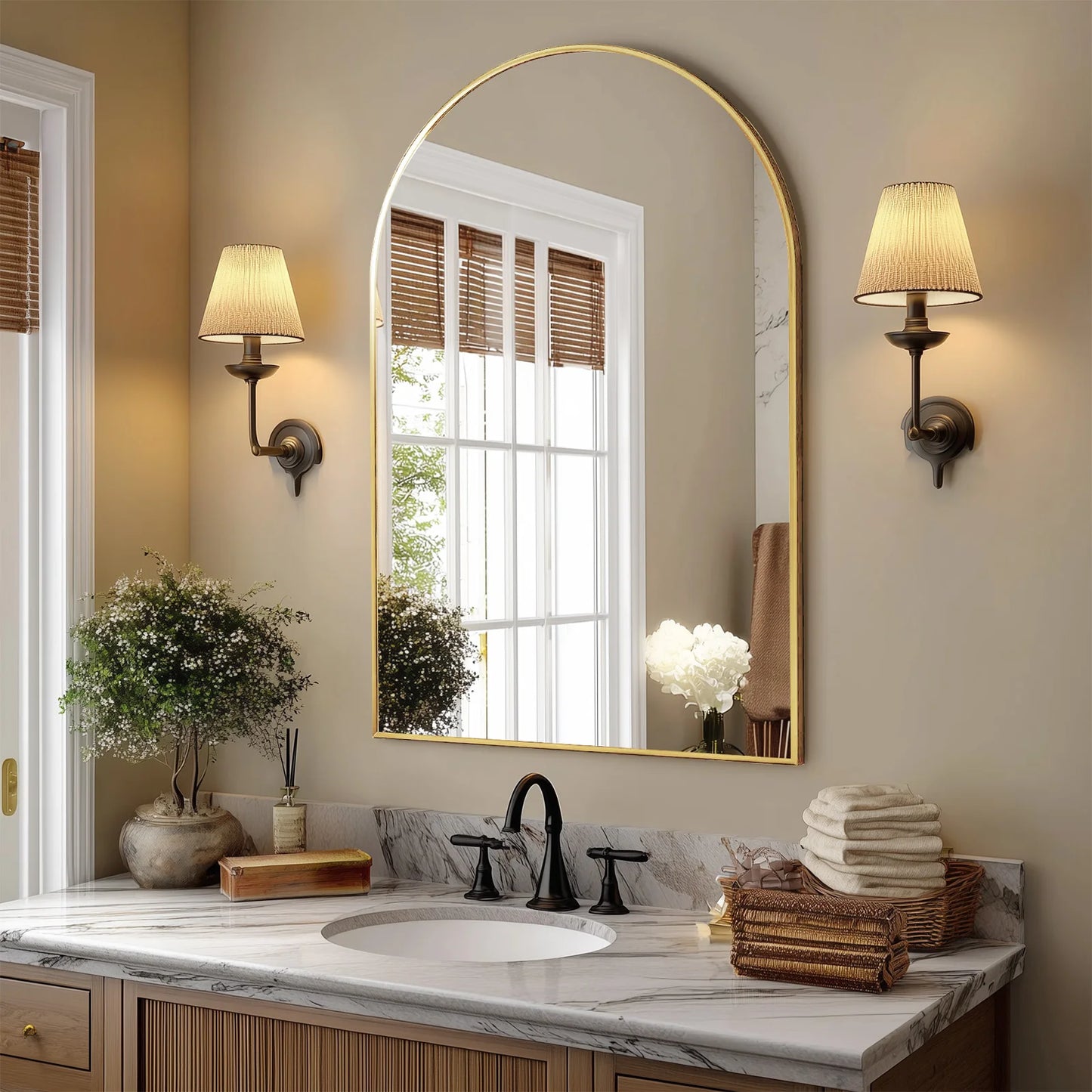 JHK Arched Metal Framed Wall Mirror For Bathroom And Bedroom